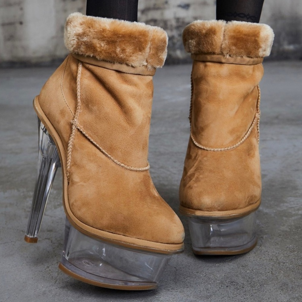 NWT Tan Suede Fur Clear Platform Super High Heel Boots